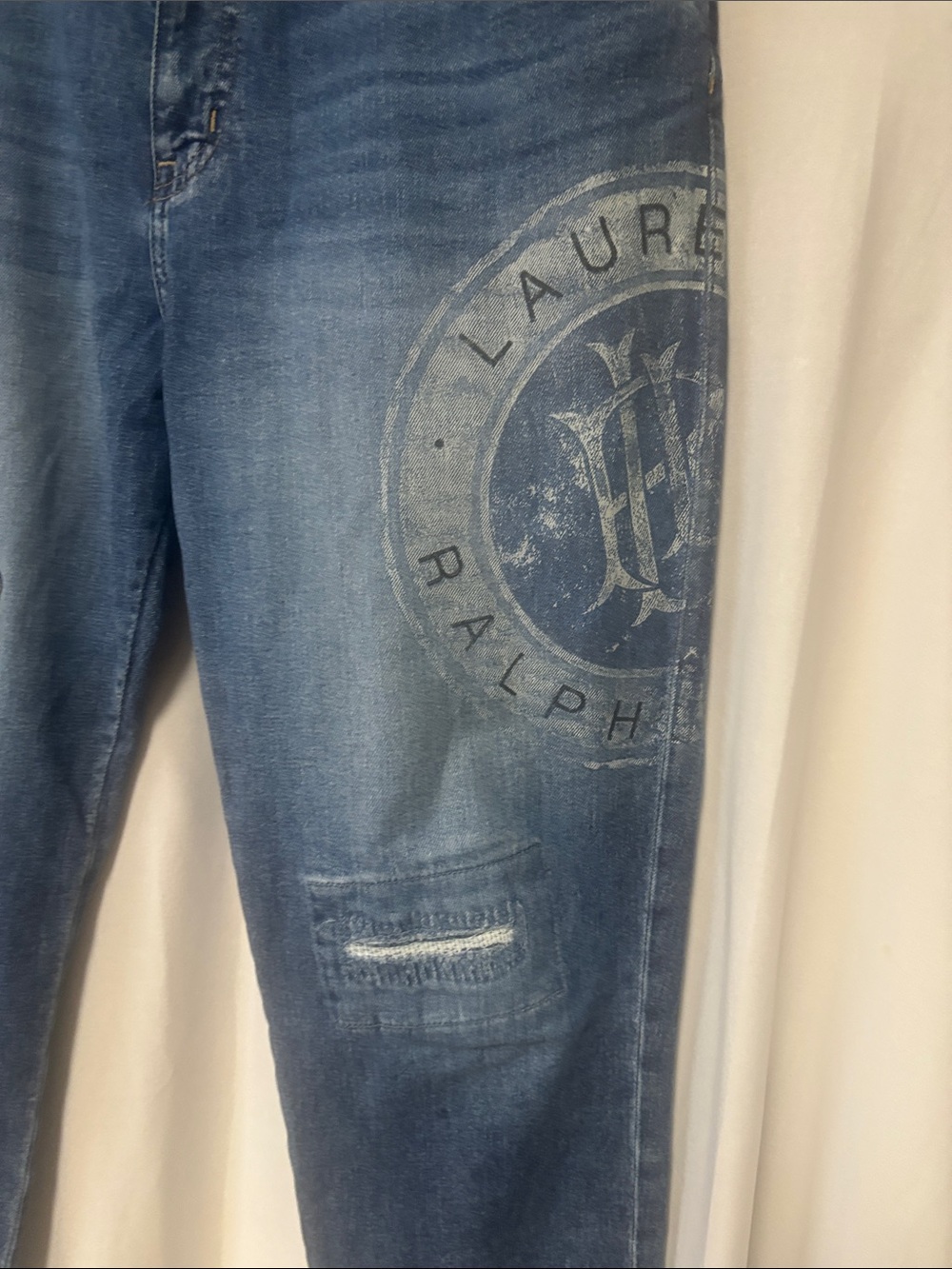 Ralph Lauren Distressed Blue Boyfriend Jeans with Logo Patch - Picture 5 of 12